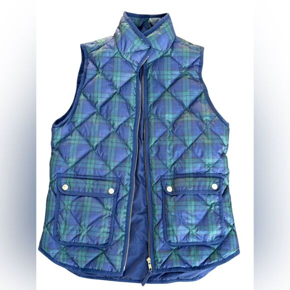 J. crew Navy Green down fill Plaid Zip Up quilted Vest Snap Pockets XS waterfowl - Picture 5 of 8